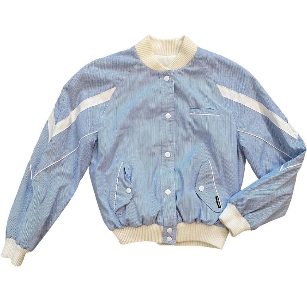 Vintage bright white and baby blue pinstripe cotton bomber jacket